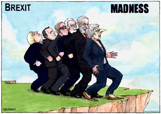 Theresa May leads politicians over a cliff cartoon