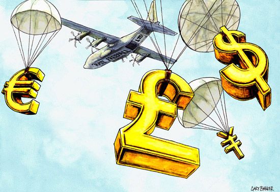 Currency illustration parachuting