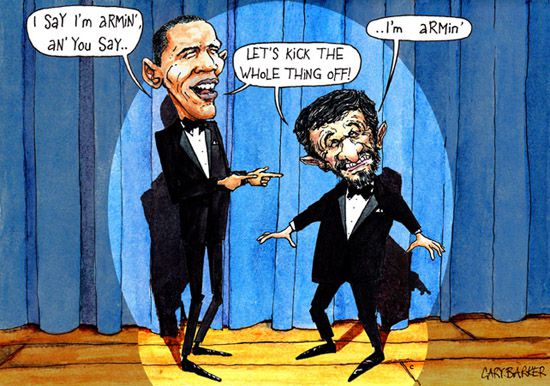 Ahmadinejad with Barack Obama cartoon 