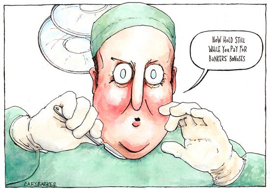 NHS bankers bonuses David Cameron cartoon