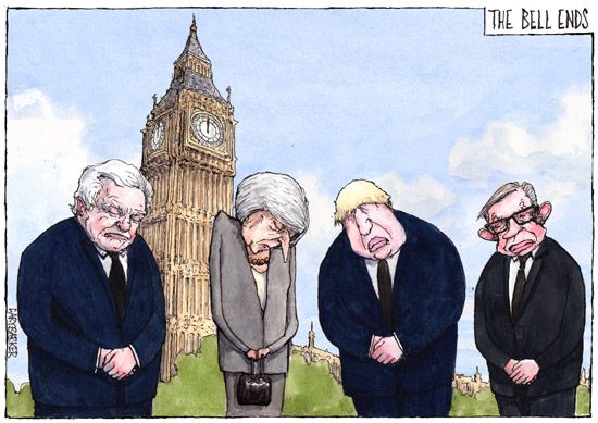 Big Ben cartoon with Theresa May David Davis Boris Johnson and Michael Gove