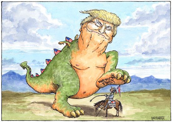 Dinosaur Donald Trump stomps on Theresa May cartoon