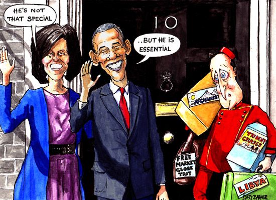 Barack and Michelle Obama visit David Cameron cartoon
